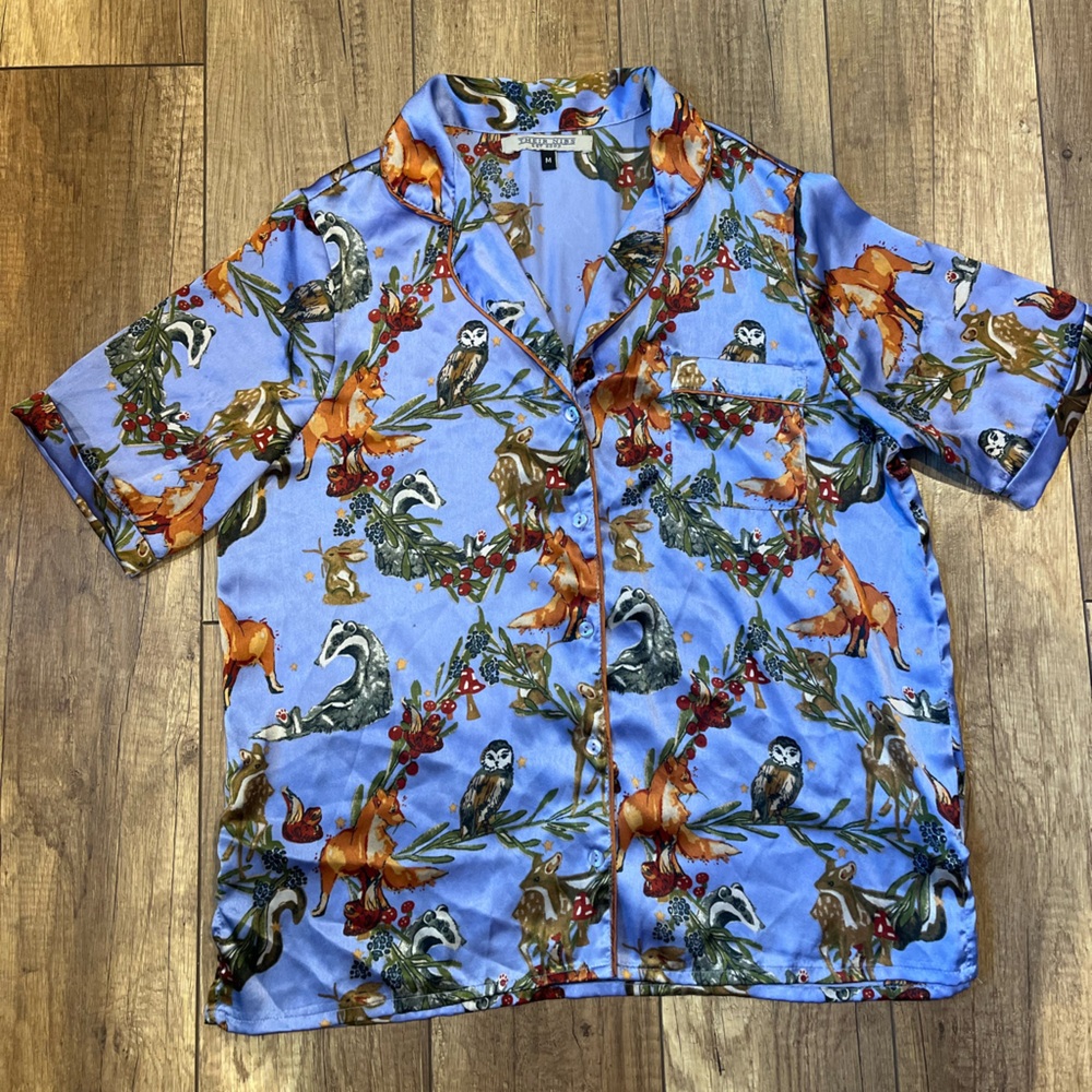 Their Nibs Blue Woodland Animals Print Button-up Satin Shirt
